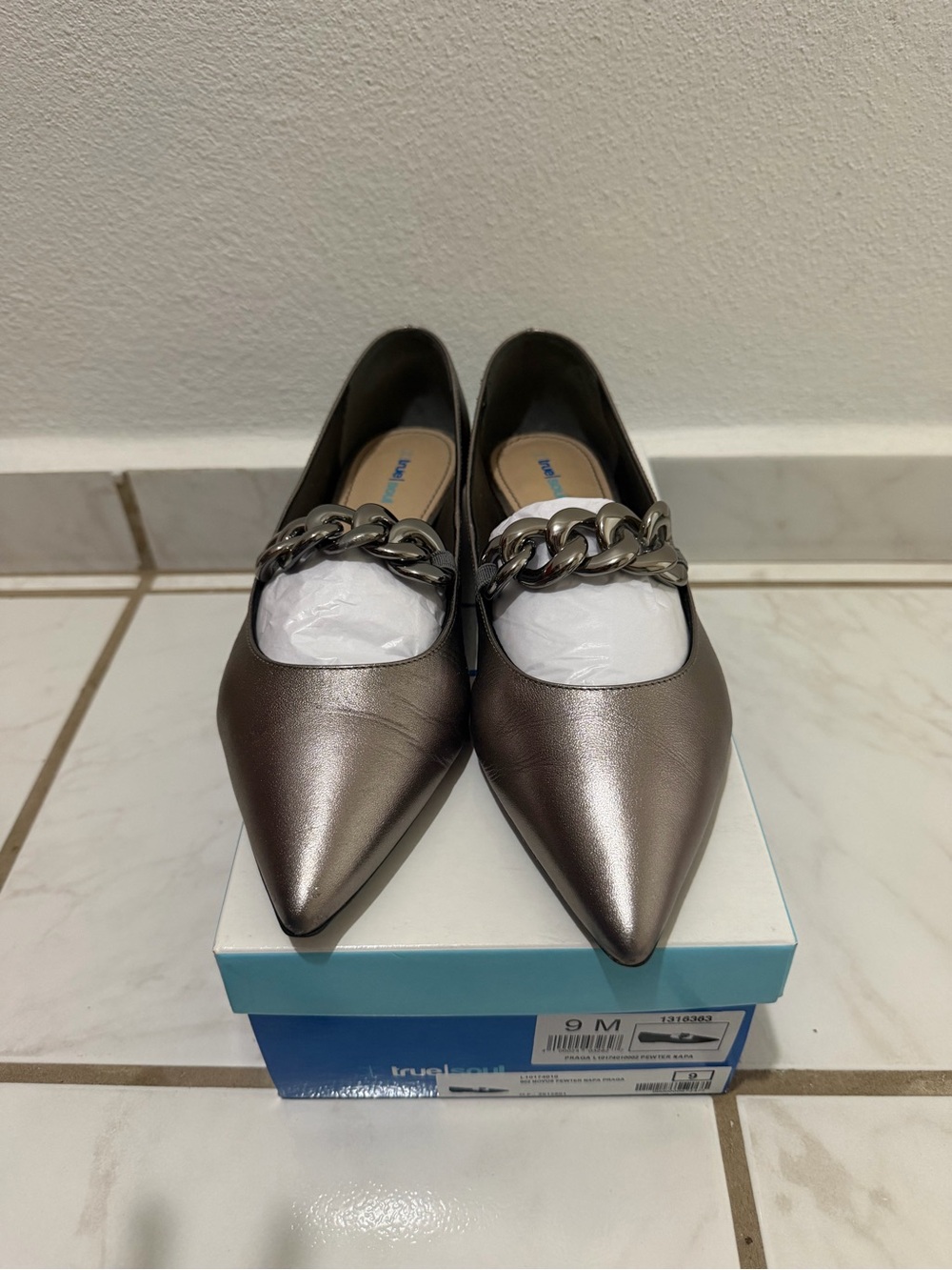 Chain-Trim Pointed Toe Flats in Metallic Pewter
